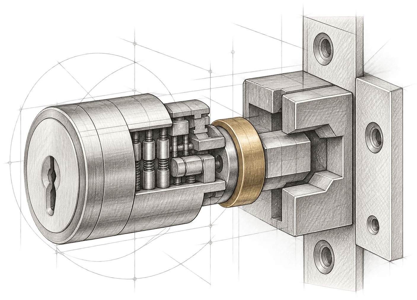 Cutaway drawing of a pin-tumbler lock cylinder in a wall: its pins, cam and bolt exposed, the key ring in gold, on faint construction lines.