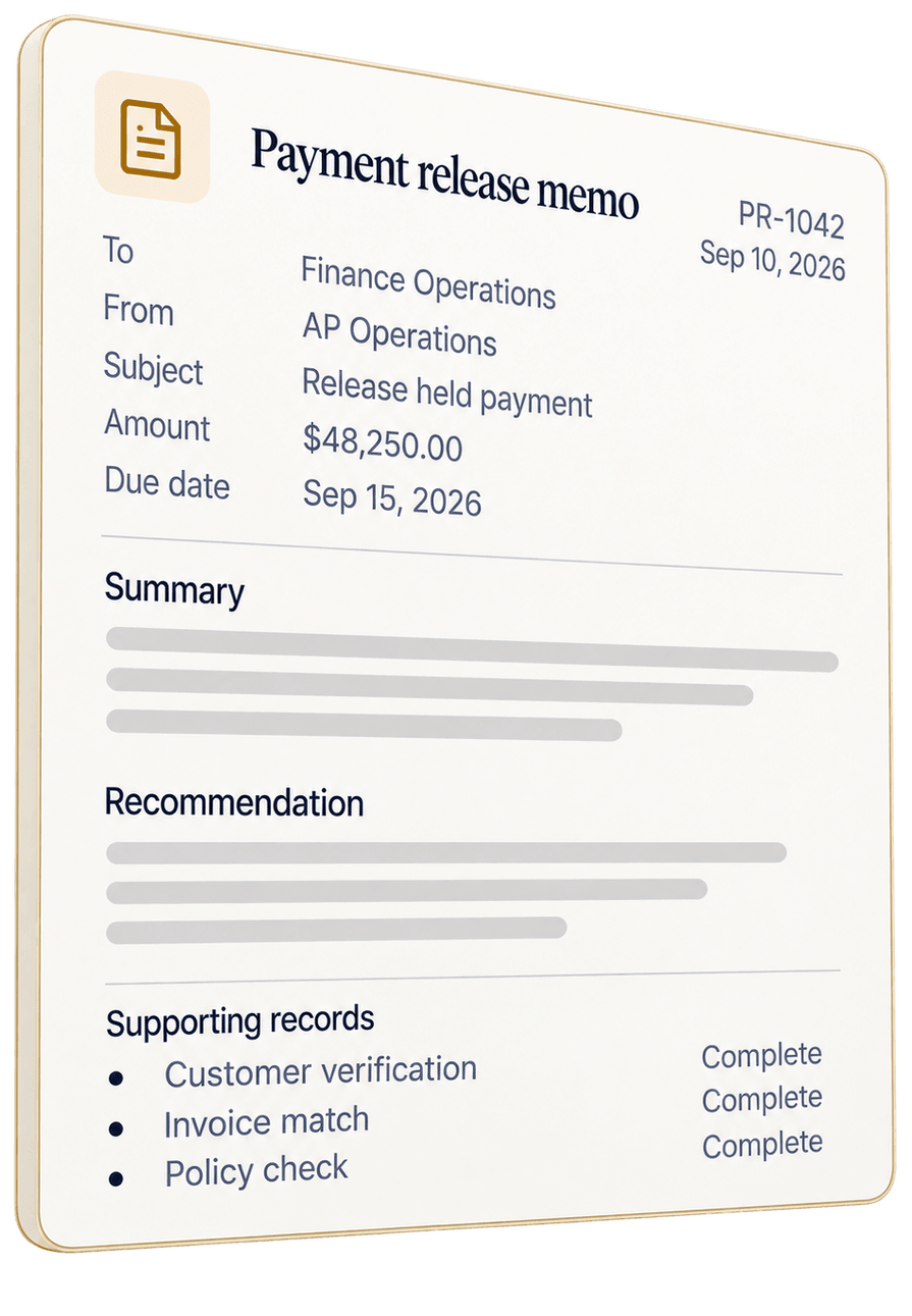 Payment release memo PR-1042 of Sep 10, 2026: to Finance Operations from AP Operations, subject Release held payment, $48,250.00 due Sep 15, 2026, with a summary, a recommendation and three supporting records complete: customer verification, invoice match, policy check.