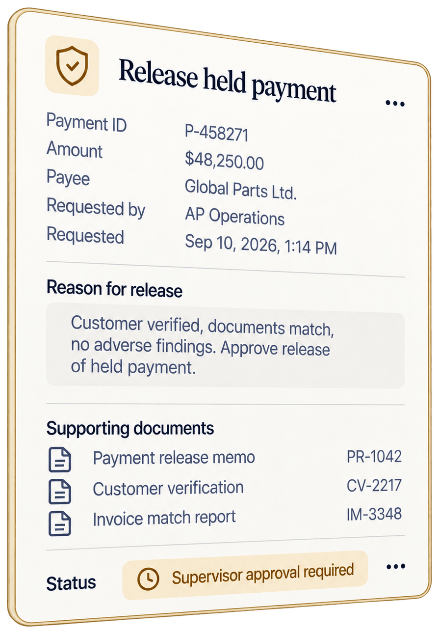 Release held payment request for P-458271, $48,250.00 to Global Parts Ltd., requested by AP Operations on Sep 10, 2026, 1:14 PM, with the reason for release, three supporting documents PR-1042, CV-2217, IM-3348, and the status Supervisor approval required.