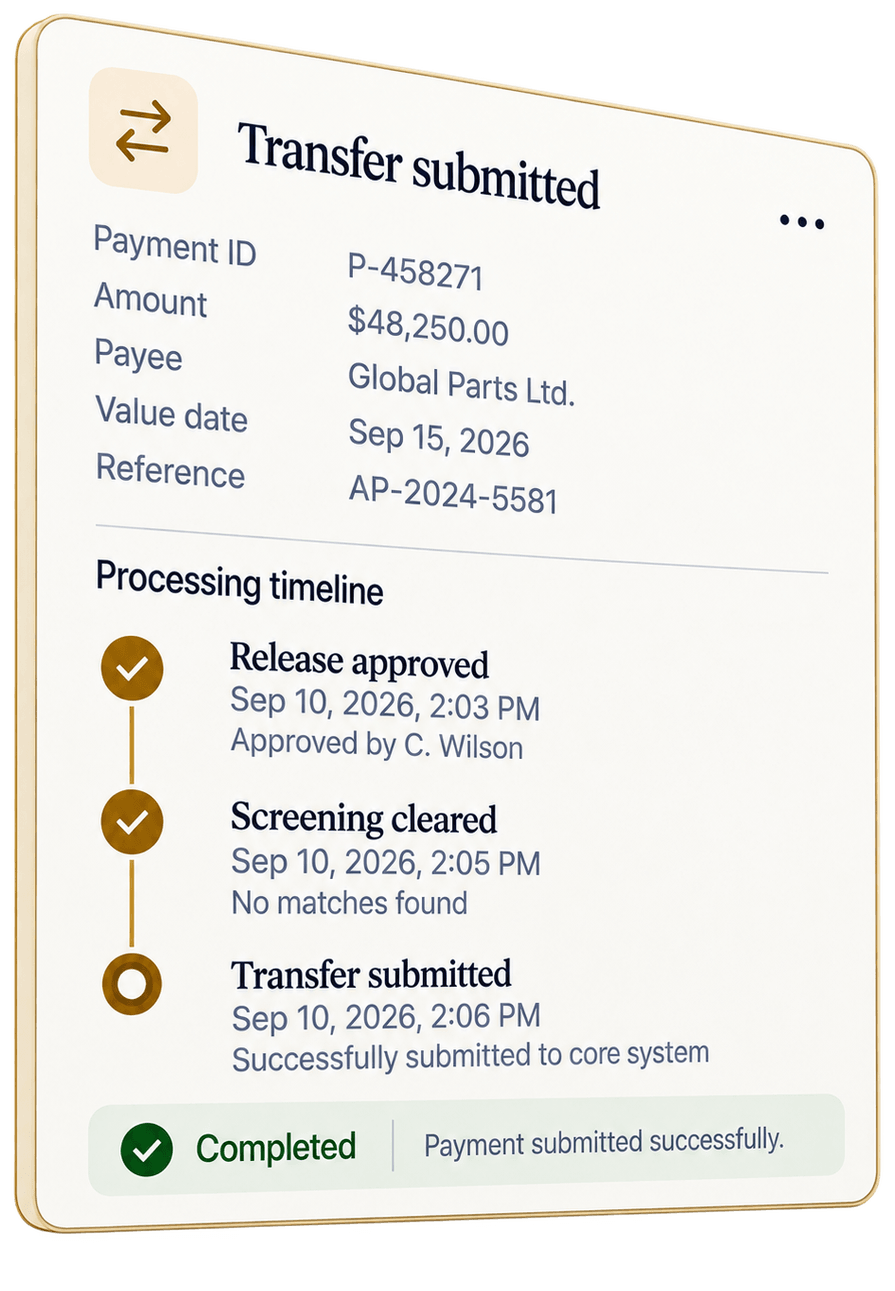 Transfer submitted for P-458271, $48,250.00 to Global Parts Ltd., value date Sep 15, 2026, reference AP-2024-5581, with a processing timeline: release approved at 2:03 PM by C. Wilson, screening cleared at 2:05 PM with no matches found, transfer submitted at 2:06 PM to the core system; status completed.